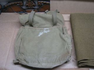 Vintage WWII Era Powers and Company 1941 Canvas Field Bag w/ Military Blanket 5