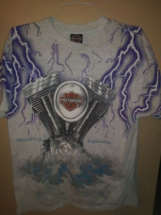 Vtg Harley Davidson Thunder & Lightning All Over Print Shirt Xl White Rare Color