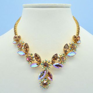 Vintage Necklace Austrian 1950s Amber Green Ab Crystal Goldtone Bridal Jewellery