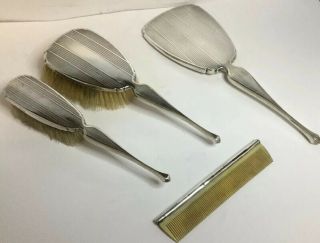 Art Deco Antique Silver Dressing Table Vanity Set - Mirror Brushes Comb,  1928