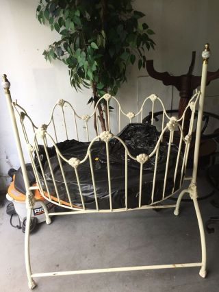 Antique French Wrought Iron Rocking Swinging Baby Cradle With Porcelain On Stand