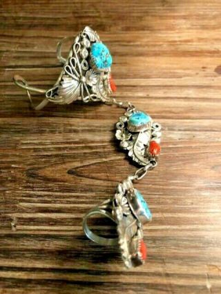 Vintage Sterling Silver Turquoise And Coral - Linked Ring Cuff Bracelet