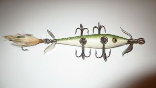 Early Vintage South Bend Bait Co.  Min - Buck 5 Hook Minnow Lure Green Crackle Back 2