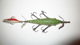 Early Vintage South Bend Bait Co.  Min - Buck 5 Hook Minnow Lure Green Crackle Back 3