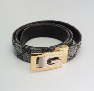 Rare Vintage Gray Logo Fabric Leather Gold Silver Tone Buckle By Gucci 48/120
