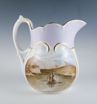 Antique Gilded Ironstone Pottery Water Pitcher W Hudson River School Painting