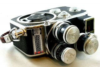 Vintage Bolex 8mm Movie Camera W/three Prime Kern Lenses & Strap