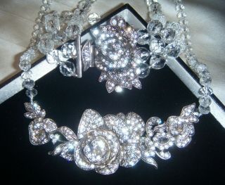 Reserved For Mandy Vintage Crystal Rose Paste Necklace Bracelet Set Monet Estate