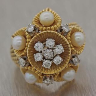 Vintage Estate Solid 14k Yellow Gold Pearl 1.  00ctw Diamond Cocktail Ring