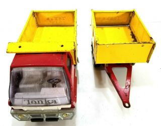 Vintage Tonka Red And Yellow Dump Truck With Pup Trailer Pressed Steel 3