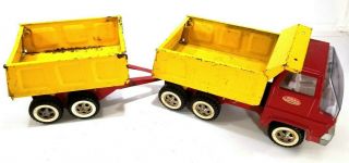 Vintage Tonka Red And Yellow Dump Truck With Pup Trailer Pressed Steel 6