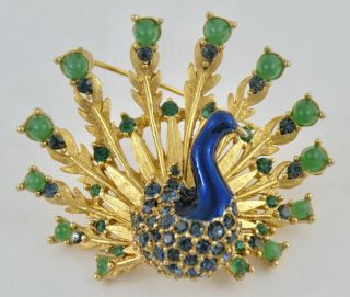 Rare Vintage Boucher Gold Tone Blue Green Rhinestone Enamel Peacock Brooch Pin