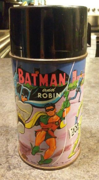 Vintage 1966 Batman And Robin Metal Lunchbox Thermos Aladdin No Liner See Photos
