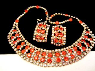 Rare Vintage Signed Kramer York Orange Ab Rhinestone Necklace Earring Set