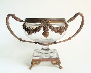 Antique 19th Baccarat French Crystal Bronze Swan Handle Rose Art Glass Vase Urn
