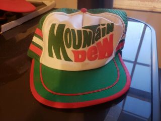 Vintage Snapback Mesh Trucker Hat Green Mountain Dew Logo Cap 1980s 3 Stripe