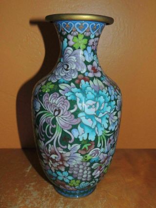 Vintage Cloisonne 9 " Vase Enamel Stone Green Blue Pink Floral Antique