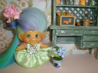 Dam Troll Doll Vintage 1960s Petite 2 - 1/2 " Floral Mohair & Artist Glass Eyes