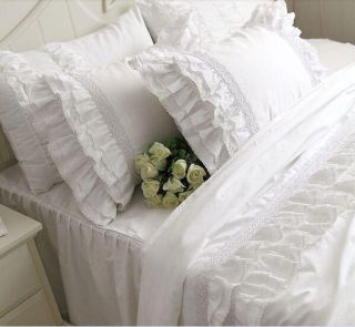 Shabby & Vintage White Embroidery Lace Ruffle Duvet Cover Bedding Set201430