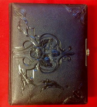 Antique Black Leather Bound Embossed Photo Album Good Spine,  Floral Detail Pages