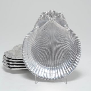 Vintage Set Of 6 Cast Aluminum Shell Form Plates W/ Seahorses By Arthur Court