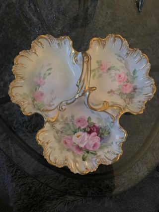 Antique Decorated T&v Limoges Divided Handled Dish Gold Trim & Roses Venice
