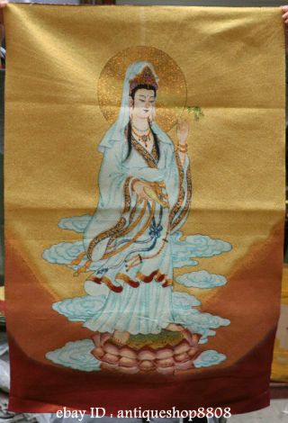 36 " Tibet Silk Satin Stand Guan Yin Kwan - Yin Goddess Lotus Flower Thangka Mural