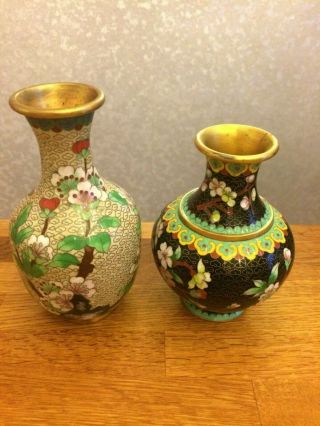 2x Brass Enamel Cloisonne Vases Black And Ivory Flowers Floral