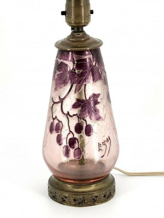 Antique Legras French Cameo Signed Art Glass Lamp Grape & Leaf Orig Finial 22 "