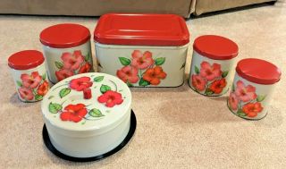 Vintage Metal Breadbox Nesting Canister Set Pie/cookie Taker Red Pink Roses