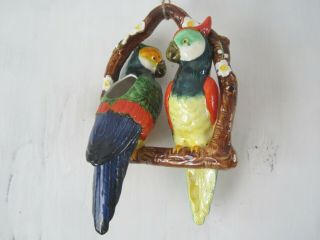 Vintage Hanging Majolica Ceramic Parrots - Rare - Playful & Colorful Parrots