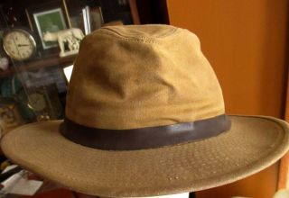 LARGE Vtg CC Filson Tin Cloth Packer Fishing Hat Waxed Cotton Canvas MADE IN USA 2