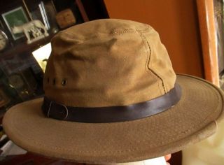 LARGE Vtg CC Filson Tin Cloth Packer Fishing Hat Waxed Cotton Canvas MADE IN USA 3