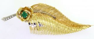 Vintage heavy 18K gold Italy.  60CTW VS diamond/emerald plant leaf brooch 2
