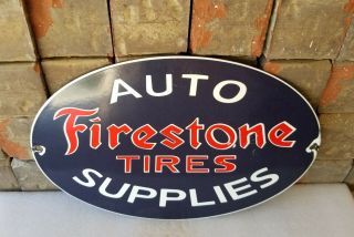 Vintage Firestone Porcelain Gas Auto Tires Supplies Service Pump Plate Sign