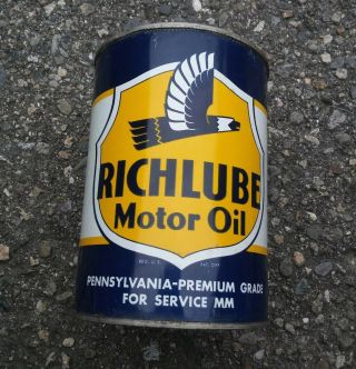 Rare Vintage Richlube 1 Quart Motor Oil Can Ny