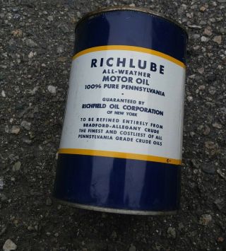Rare Vintage RICHLUBE 1 Quart Motor Oil Can NY 3