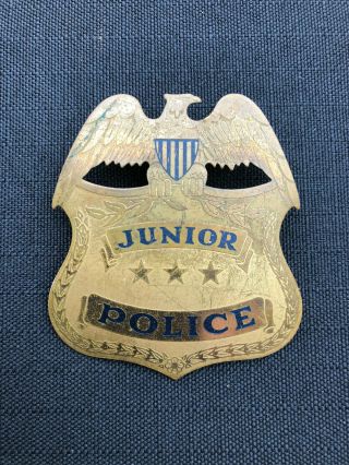 Vintage Junior Police 3 Star Brass Metal Kids Badge W/ Eagle & Shield