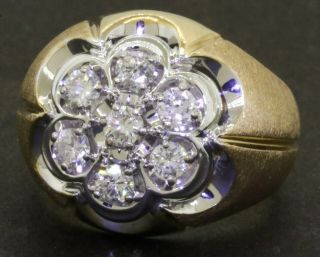 Heavy Vintage 14k Yg 1.  19ct Diamond Flower Cluster Cocktail Ring Size 9
