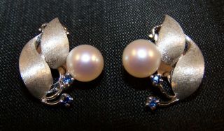 Vintage 14kt White Gold Leaf,  Pearl And Gemstone Clip On Earrings