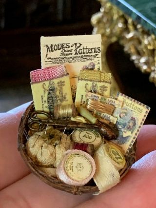 Artisan Miniature Dollhouse Vintage Susan Harmon Sewing Basket Diorama Treasures