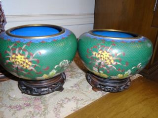 Vintage Cloisonne Deep Sage Green Bowls & Flowers & Stands
