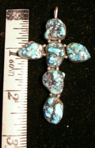 Vintage Native American Indian Turquoise Sterling Silver Cross Pendant Signed Cs