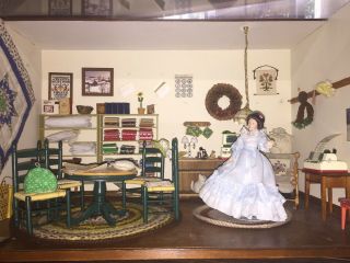 Handmade Miniature Dollhouse Room Box Sewing Quilt Needlepoint 1:12 Vintage