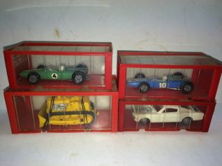 4 Vintage 60s Mini - Dinky Cars In Garages,  60 Cooper,  61 Lotus,  16 Mustang,  Bulldozer