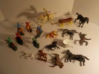 Vintage Antique Plastic Cowboys Indians Mounted On Horses W Marx Etc