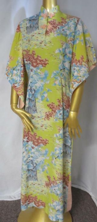40s Vtg Pake Muu Dress Hawaiian Rayon Asian Floral Waterfall Spring