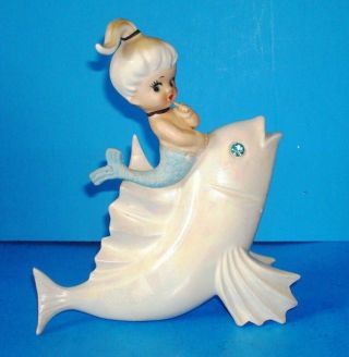 Vintage Lefton Mermaid On Iridescent Fish Wall Plaque Figurine