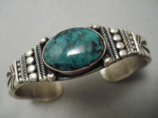 Detailed Thick Vintage Navajo Green Spiderweb Turquoise Sterling Silver Bracelet