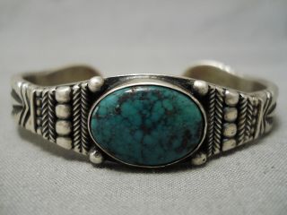 DETAILED THICK VINTAGE NAVAJO GREEN SPIDERWEB TURQUOISE STERLING SILVER BRACELET 2